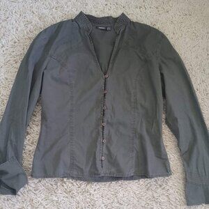 Mexx Women's US 12 Olive Green Long Sleeve Cotton Blouse Ruched Cuffs V-Neck